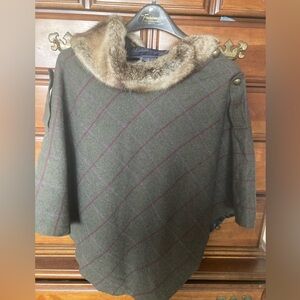 Joules Tweed Poncho with Faux Fur Collar